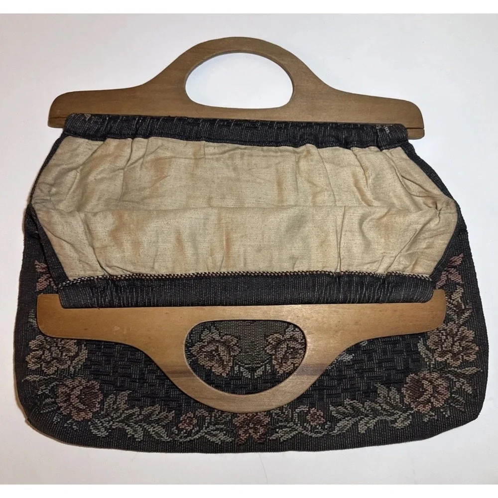 Vintage Floral Tapestry Purse Work Bag Wood Handles Black Pink Green Cream 15x15